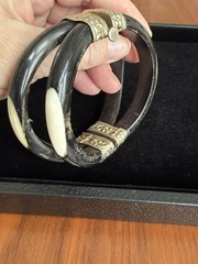 Vtg. Horn & Bone Hinged Bangle Bracelet w Repoussé Metal Pin Clasp