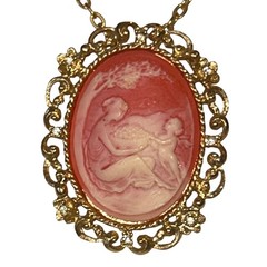 Vintage Gold Tone Cameo Mother Child Pendant Necklace Brooch Pin Pink Filigree