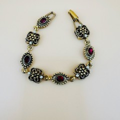 Vintage Victorian Revival Bracelet Red Rhinestone Gold Tone Faux Seed Pearl 6.2″