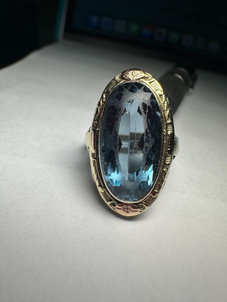 RARE VINTAGE 1930s UNCAS 14K TRI-COLOR GOLD BLUE SPINEL COCKTAIL RING 4.78 g