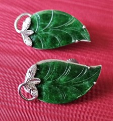RARE Solid 14k White Gold Carved Spinach Green Jade Large Vintage Earrings