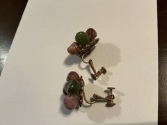Vtg Signed Miriam Haskell Hand Wired Floral Cluster Clip Earrings Green Cabochon