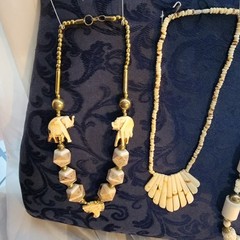 lot of carved bovine bone jewelry vtg or antique Necklace Earrings India organic