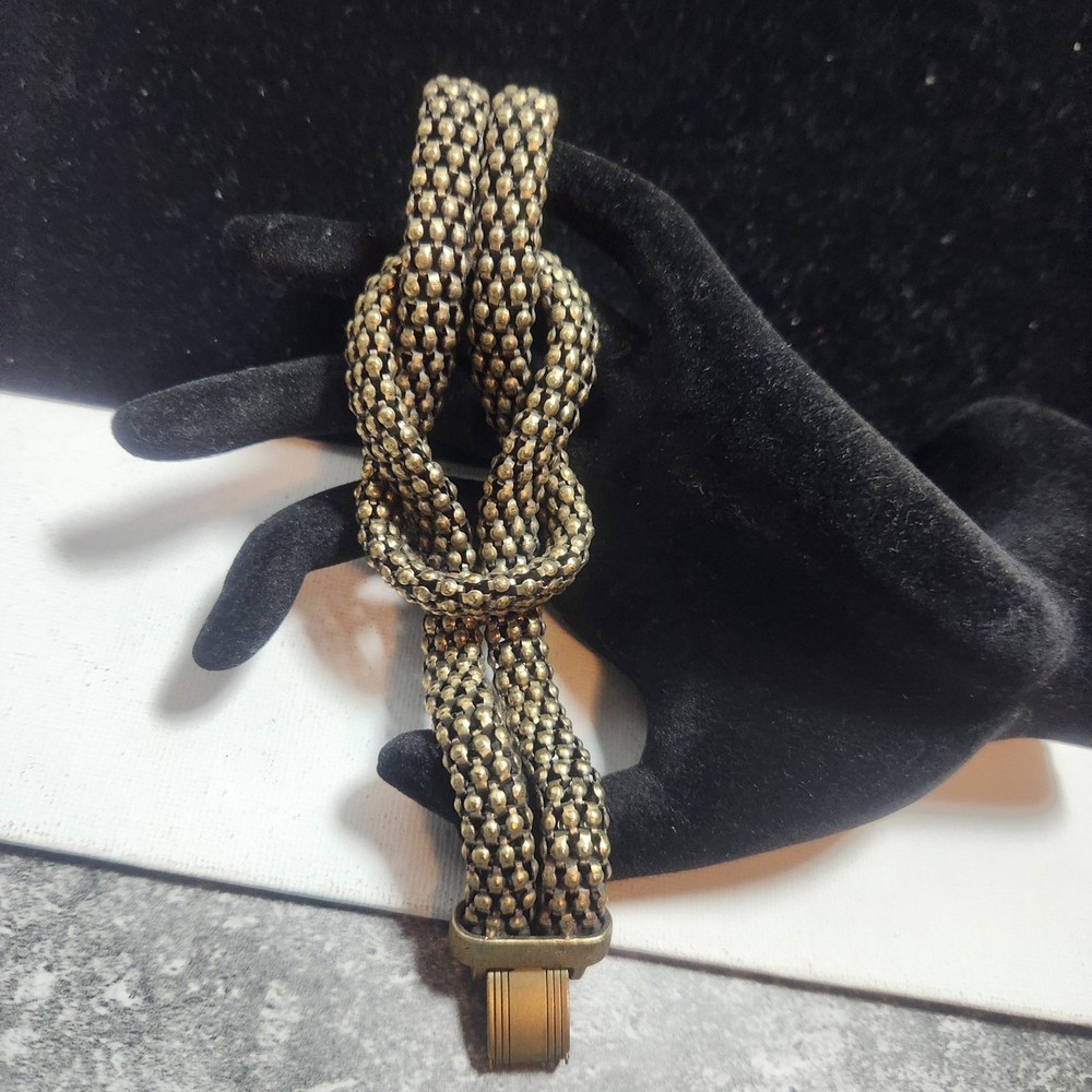 Vintage Antique Brass Tone Mesh Love Knot Bracelet Fold Over Clasp 7 Inch