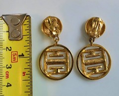 Vintage Givenchy 4G Logo Dangle Drop Clip On Earrings Gold Tone 1980s Signed