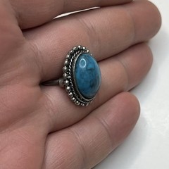 Vintage Oval Stone Turquoise Silver Tone Adjustable Size Engraved Ring 1” +