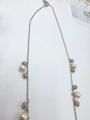 Ann Taylor Silver Tone Faux Pearl & Crystal Station Necklace 32″ Long