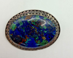 Vintage Brooch Sterling Silver Azurite Malachite Oval Blue Green Gemstone