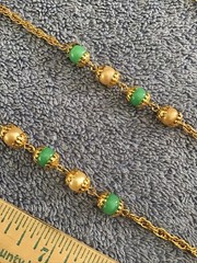 Vtg Jade Green Bead Necklace Gold Tone Faux Pearl Long Metal Filigree Bead Caps