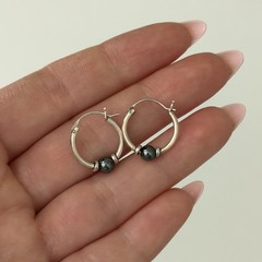 Vintage 925 Sterling Silver Small Huggie Hoop Earrings Hematite Stone