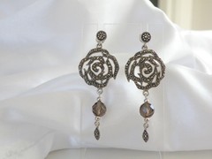 Vintage Sterling Silver 925 Floral Smoky Quartz Marcasite Drop Dangle Earrings