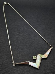 Silver Tone Art Deco Geometric Modernist Mother Of Pearl Inlay Chain Necklace