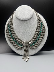 Hobe Signed Clear & Green Glass Rhinestone Necklace 16.5” With 3.75” Fringe VTG