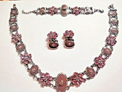 Antique Style Art Deco Silver Tone Filigree Pink/Purple Cabochon jewelry Set