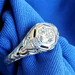 Original EARTH MINED DIAMOND Deco Engagement Ring 18K WHITE GOLD Solitaire S 6