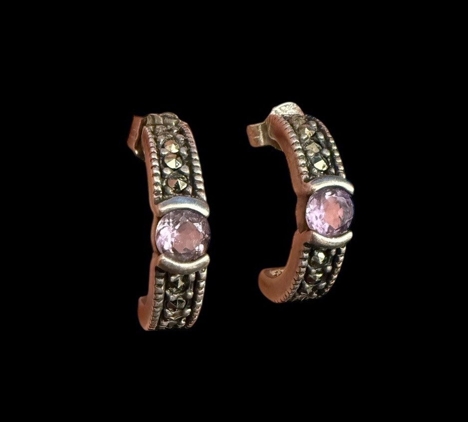 925 Silver Marcasite Amethyst Half Hoop Stud Earrings Vintage