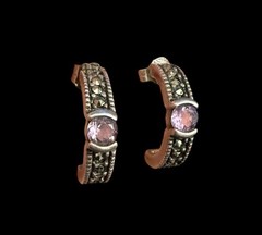 925 Silver Marcasite Amethyst Half Hoop Stud Earrings Vintage