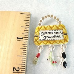 AJMC Glamorous Grandma Purse Brooch Rhinestone Dangle Charm Pin VTG