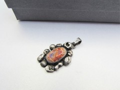 Vintage Mexican Sterling Silver Cantera Fire Opal Pendant- Orange Rainbow Stipe