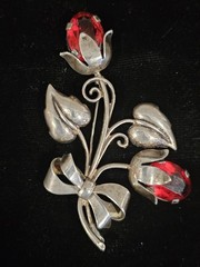 Sterling Silver Red Stone Flower Floral Brooch Pin 19.7 Grams