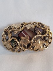 Vintage Ivy leaves gold tone w/stones Victorian revival brooch 2″