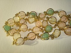 VINTAGE SEMI PRECIOUS GEMSTONE NECKLACE WIRE WRAP/CAGED PASTEL PINK,GREEN, 33″L
