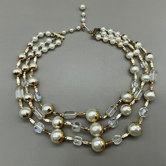 Japan Necklace Women Cream Vintage Multi Strand Faux Pearl Crystal Beaded 17″