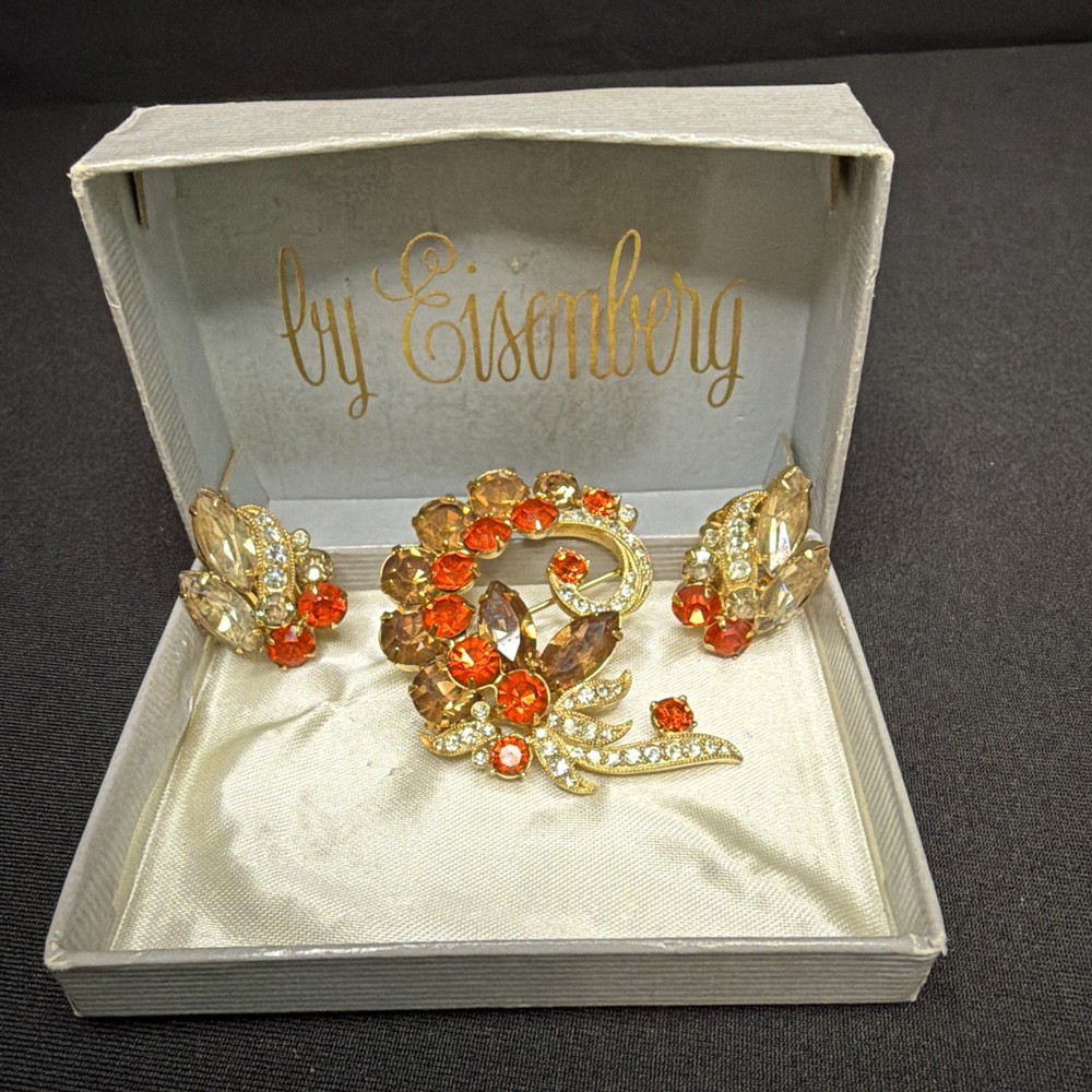 Vintage Signed Eisenberg ICE Brooch Pin & Clip Earrings – Original Box -stunning