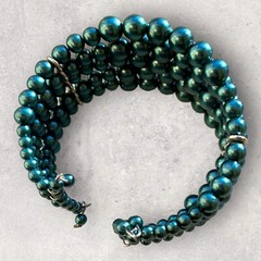 Bracelet 5 Row Teal Beaded Stretch Cuff Bracelet Open Back Graduated (F111)