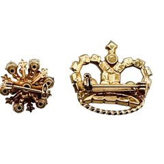 Vintage Crown Brooch Starburst Scatter Pin Gold Tone Rhinestones 2pc Prong-Set
