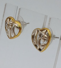 VTG 925 Open Heart Earrings 0.5in Sterling Silver 2g Vermeil Two Tone CZ Sparkle