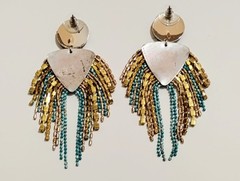 Turquoise Blue Gold Seed Bead Fringe Chandelier Earrings Elegant Boho Statement