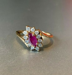 VINTAGE 14K YELLOW GOLD RED NAVETTE MARQUISE CUT GENUINE RUBY AND DIAMONDS RING
