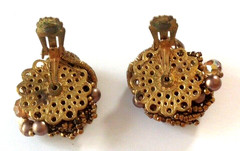 Big ROOT BEER Earrings Vintage Glass Crystal & Seed Bead Clips 1950s