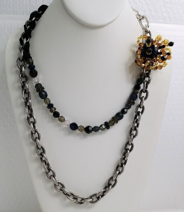 Vintage Authentic Signed Lanvin Silver Tone Crystal Asymmetrical Necklace