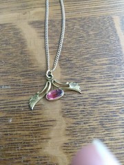 Antique Art Deco Gold Filled Angel Wings Pink Tourmaline Pendant & 22 Inch Chain