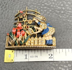 VTG Mistress Mary Enamel Rhinestone Girl Watering Flowers Pot Metal Pin Brooch