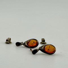 925 Sterling Silver Amber Color Cabochon Teardrop Dangle Post Earrings 90s VTG