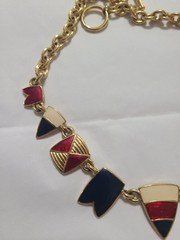 Trifari Signed Vintage Nautical Gold Tone Chain Necklace w Red Blue White Enamel