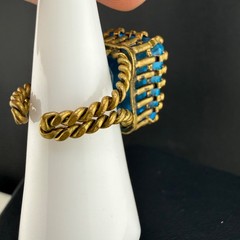 Vintage Cocktail Ring Twisted Brass Band Aqua Rhinestone Size 6