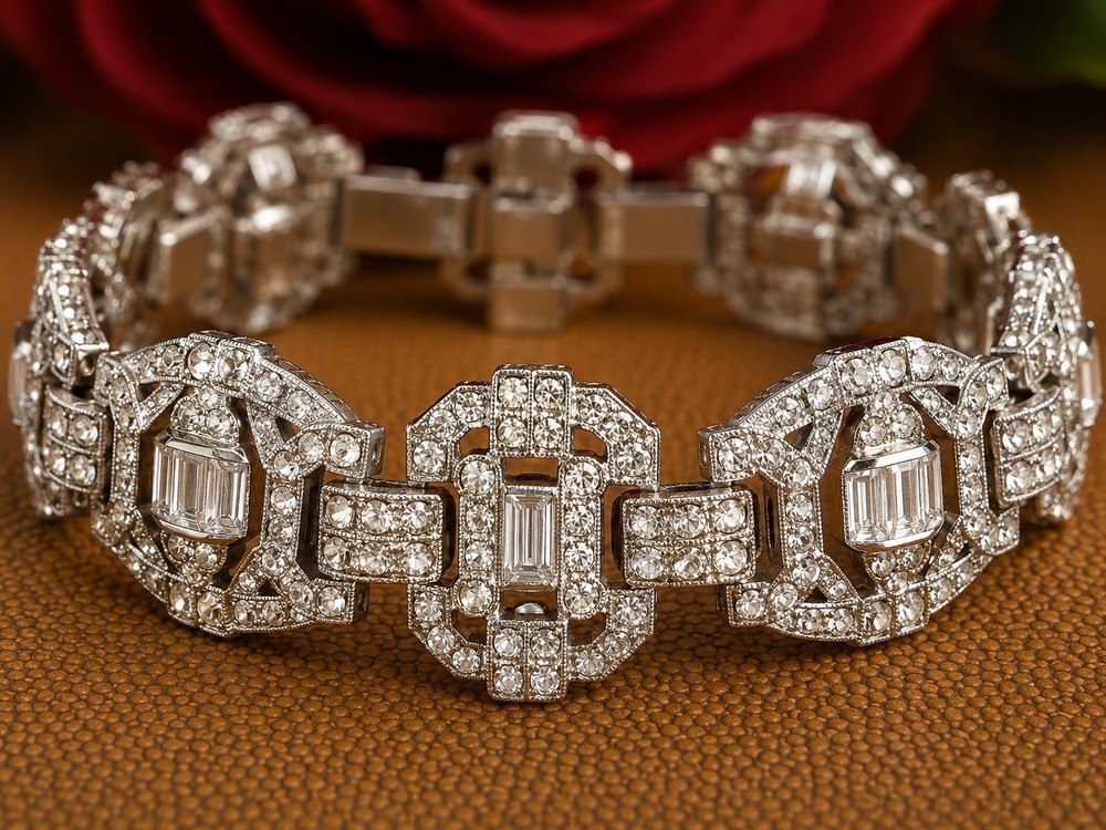 Vintage Art Deco Revival Rhodium Plated Rhinestone Bracelet – Baguette Round 7′