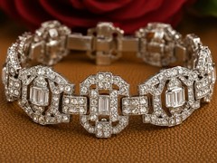 Vintage Art Deco Revival Rhodium Plated Rhinestone Bracelet – Baguette Round 7′
