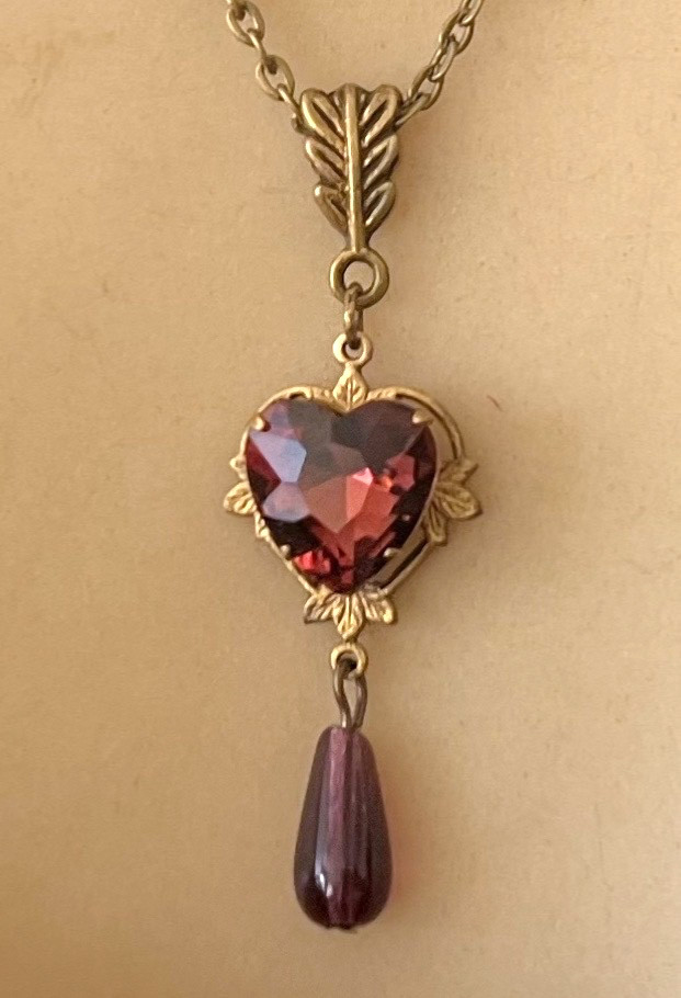 Vintage Necklace Art Nouveau Rhinestone Heart Pendant Amethyst Czech Glass Drop
