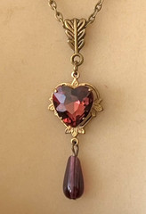 Vintage Necklace Art Nouveau Rhinestone Heart Pendant Amethyst Czech Glass Drop