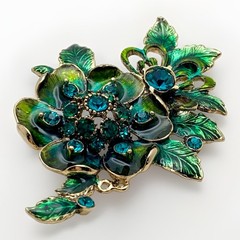 Vintage Signed Monet Peacock Green Enamel Floral Brooch Teal Rhinestones