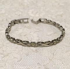 Vintage Anne Kein Chain Bracelet Silver Tone Rhinestone Accents Fold over