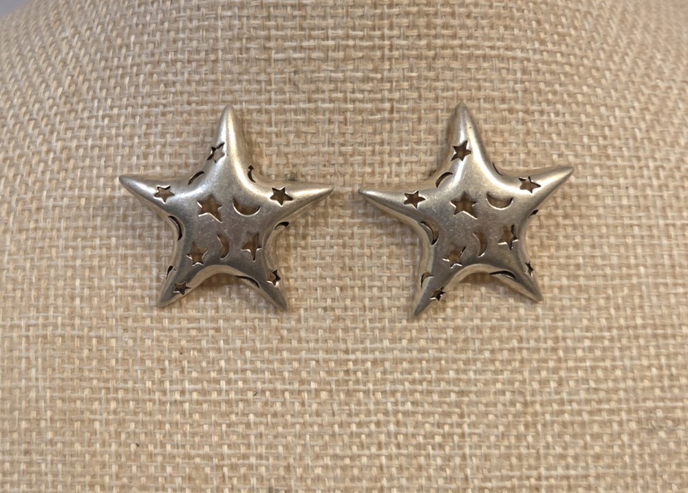 Vintage Jezlaine Sterling Silver Star Moon 30mm Earrings Signed
