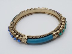 Vintage Metal, Plastic & Rhinestone Bangle Bracelet Blues & Greens