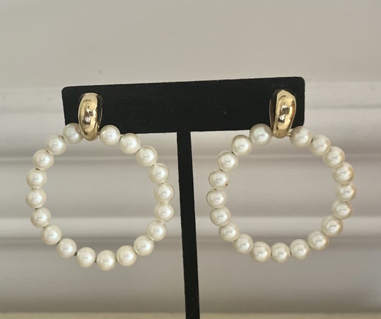 Vintage Open Circle Hoop Faux Pearl Ivory Gold 2” Drop Statement Earrings