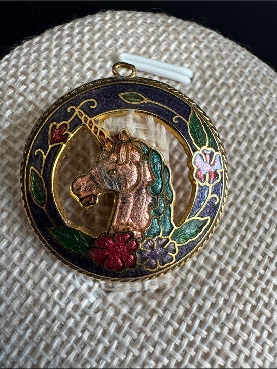VTG SPI Cloisonne Enamel Unicorn Pendant Brass 1980s Mythical Boho